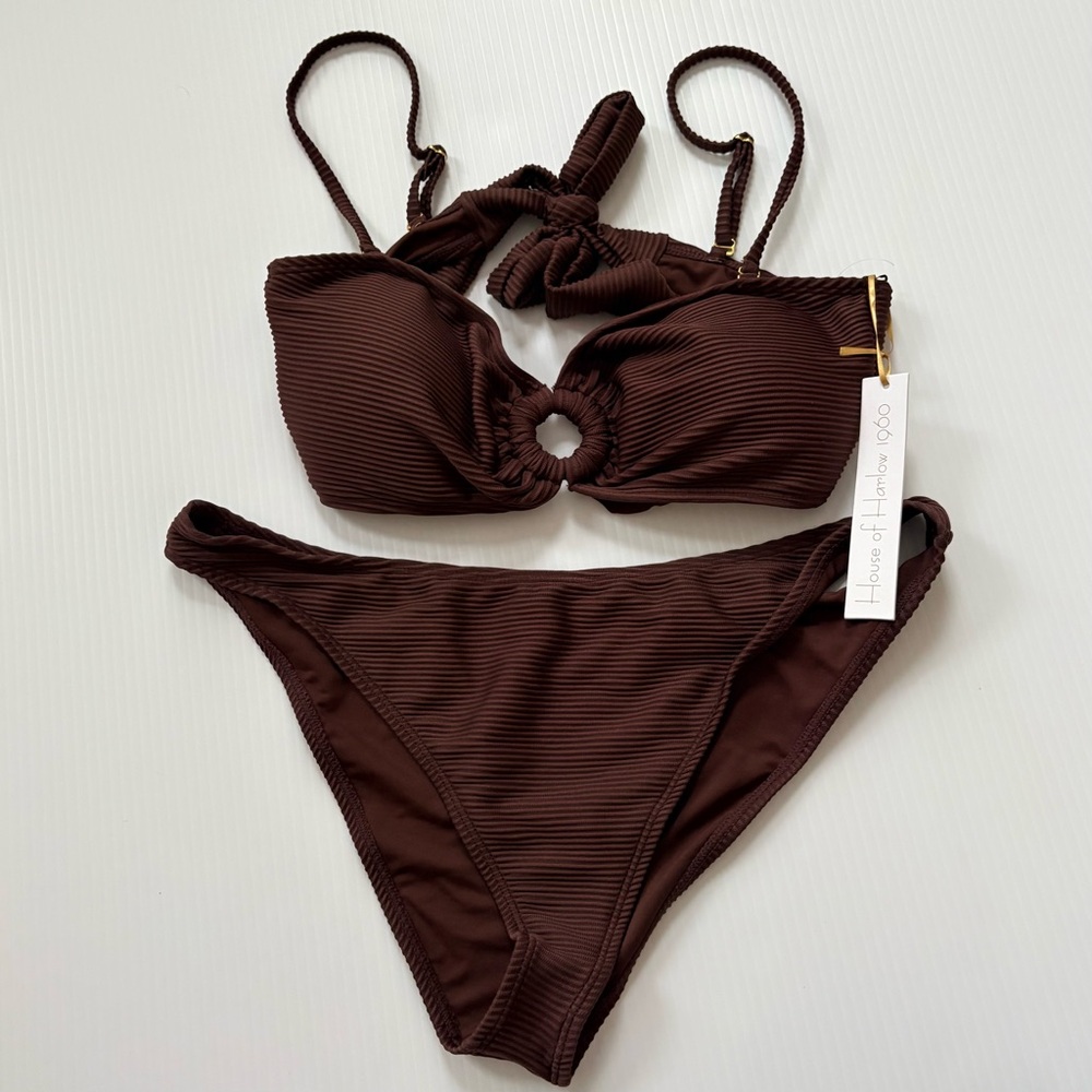House of Harlow Bandeau Bikini XL Chocolate Brown Removable Straps Ribbed NWT